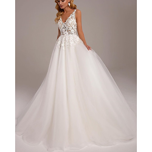 

A-Line Wedding Dresses V Neck Sweep / Brush Train Lace Tulle Sleeveless Sexy with 2021
