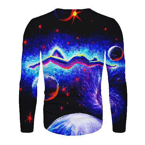 

Men's T shirt 3D Print Galaxy Graphic Long Sleeve Daily Tops Basic Blue