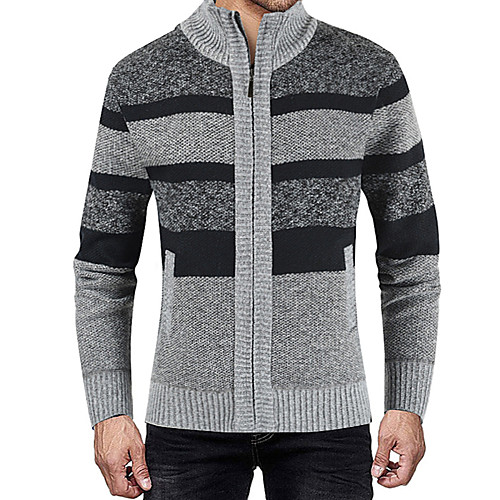 

Men's Color Block Cardigan Long Sleeve Sweater Cardigans Stand Collar Winter Light gray Dark Gray Brown