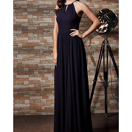 

A-Line Jewel Neck Floor Length Chiffon Bridesmaid Dress with Pleats