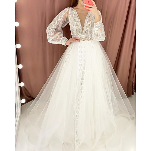 

A-Line Wedding Dresses Jewel Neck Sweep / Brush Train Tulle Long Sleeve Formal with 2021