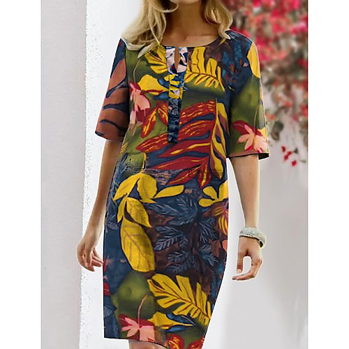 

Women's Shift Dress Knee Length Dress - Half Sleeve Floral Print Summer Fall Vintage Going out Weekend 2020 Blue Light Brown S M L XL XXL XXXL XXXXL