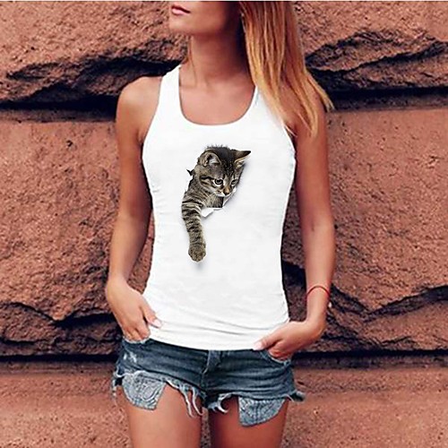 

Women's Tank Top Cat Racerback Print Round Neck Tops Basic Basic Top White Gray