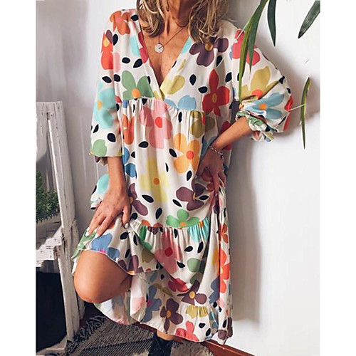 

Women's Shift Dress Midi Dress Blue Purple Yellow Fuchsia Orange Green Long Sleeve Print Print Summer V Neck Hot Casual Cotton 2021 S M L XL XXL 3XL 4XL 5XL