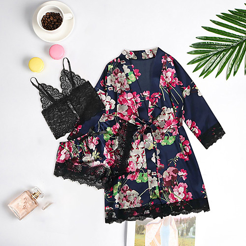 

Women's Mesh Lace Bow Robes Suits Nightwear Patchwork Geometric Embroidered Blue M L XL / Strap