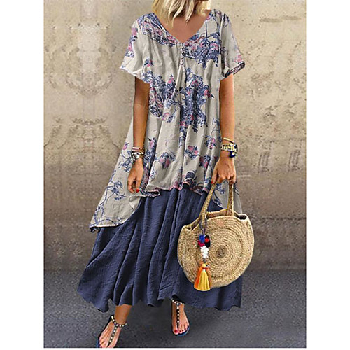 

Women's Swing Dress Maxi long Dress Blue Army Green Orange Short Sleeve Print Patchwork Print Summer V Neck Casual Cotton 2021 M L XL XXL 3XL 4XL 5XL