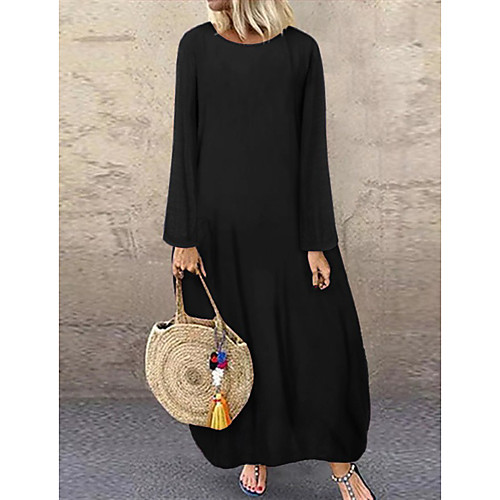 

Women's Shift Dress Maxi long Dress Black Red Green Navy Blue Long Sleeve Fall Winter Round Neck Hot Casual Lantern Sleeve 2021 M L XL XXL 3XL 4XL