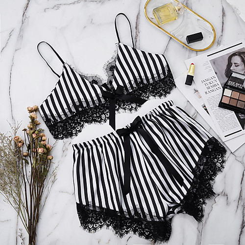 

Women's Mesh Lace Bow Suits Nightwear Striped Patchwork Embroidered Black M L XL / Strap