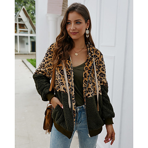 

Women's Leopard Print Basic Fall Teddy Coat Long Daily Long Sleeve Wubby Fleece Coat Tops Black