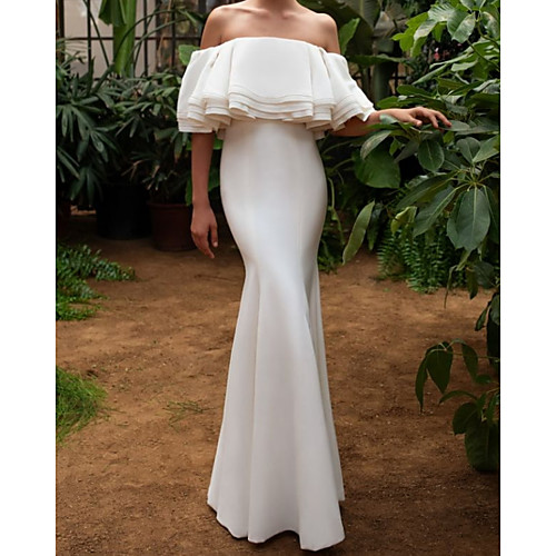 

Mermaid / Trumpet Wedding Dresses Off Shoulder Floor Length Chiffon Satin Sleeveless Vintage with Cascading Ruffles 2021