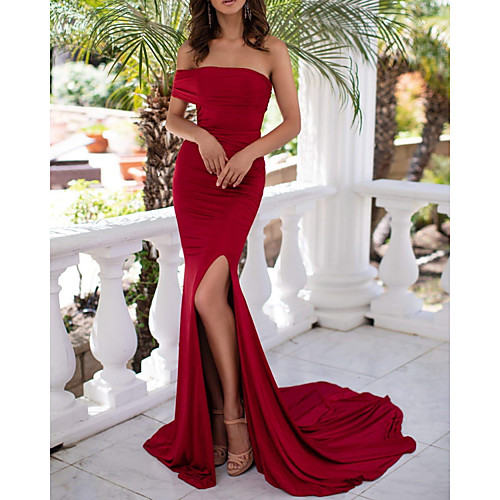 

Mermaid / Trumpet Minimalist Sexy Wedding Guest Formal Evening Dress Off Shoulder Sleeveless Court Train Spandex with Split 2021