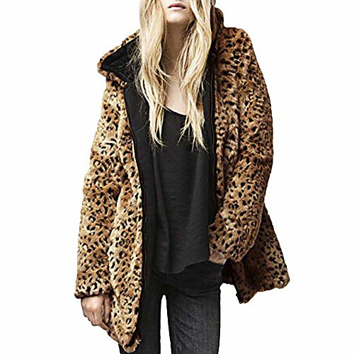 

hattfart women's faux fur coat zipper leopard print winter fleece hooded coat casual cardigan (xxxl, brown)