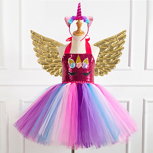

Unicorn Dress Wings Costume Girls' Movie Cosplay Tutus Braided / Cord Vacation Dress Golden Silver Rainbow Dress Wings Headwear Christmas Halloween Carnival Polyester / Cotton Polyester