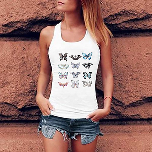 

Women's Tank Top Butterfly Racerback Round Neck Tops Basic Basic Top White Black Purple