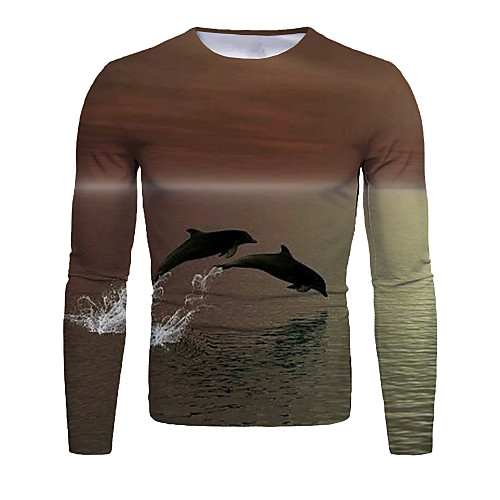 

Men's T shirt Graphic Animal Long Sleeve Daily Tops Basic Elegant Brown
