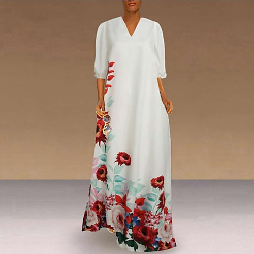 

Women's Swing Dress Maxi long Dress White Black 3/4 Length Sleeve Print Patchwork Print Fall Winter V Neck Casual Puff Sleeve 2021 S M L XL XXL 3XL