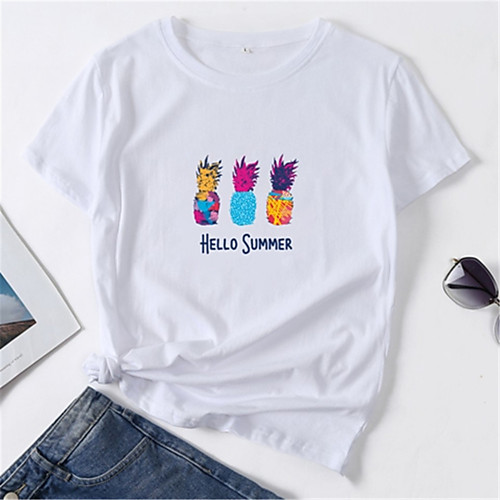 

Women's T-shirt Cartoon Print Round Neck Tops 100% Cotton Basic Basic Top White Blue Red