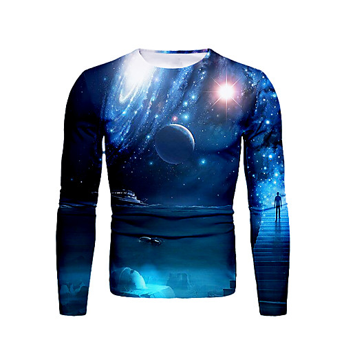 

Men's T shirt Galaxy Graphic Plus Size Print Long Sleeve Daily Tops Streetwear Blue