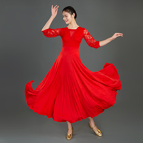 

Ballroom Dance Dress Lace Split Joint Women's Training Performance Half Sleeve Milk Fiber