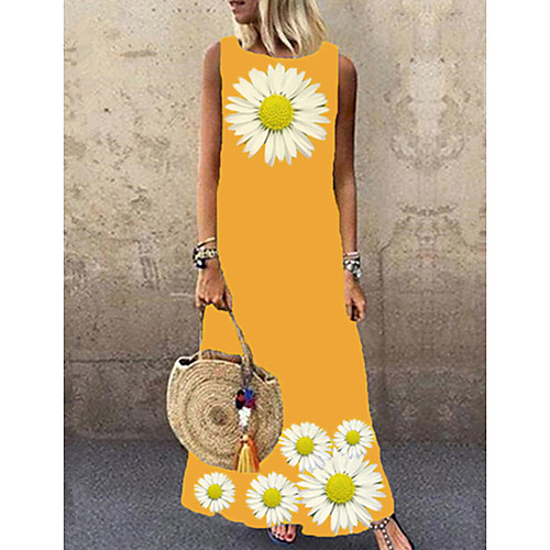 

Women's Shift Dress Maxi long Dress Yellow Sleeveless Floral Summer Round Neck Work 2021 S M L XL XXL 3XL 4XL 5XL