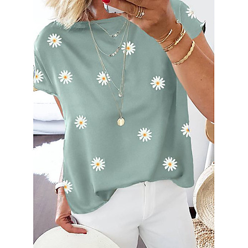 

Women's T shirt Floral Flower Daisy Print Round Neck Tops Basic Basic Top Purple Khaki Green