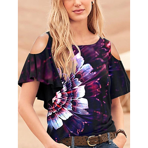 

Women's Plus Size Blouse Shirt Floral Flower Print Round Neck Tops Basic Basic Top Black Purple Red