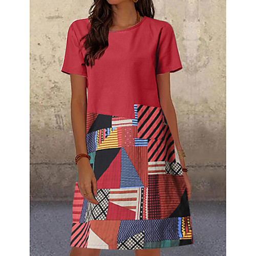

Women's Shift Dress Knee Length Dress Red Green Royal Blue Short Sleeve Color Block Patchwork Spring Summer Hot Casual 2021 M L XL XXL
