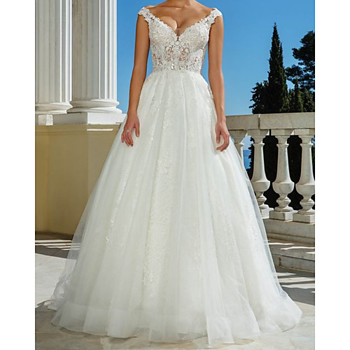 

A-Line Wedding Dresses V Neck Sweep / Brush Train Lace Tulle Sleeveless Beach with 2021