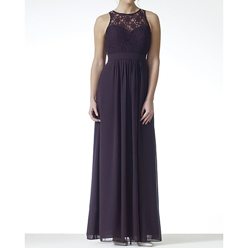 

A-Line Jewel Neck Floor Length Chiffon / Lace Bridesmaid Dress with Pleats