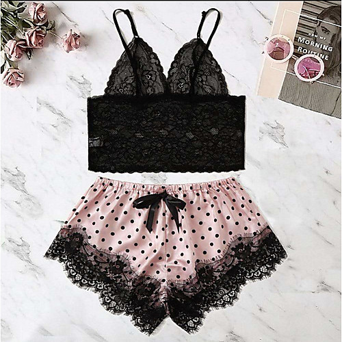 

Women's Mesh Lace Bow Suits Nightwear Polka Dot Patchwork Embroidered Blushing Pink S M L / Strap