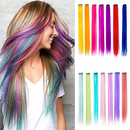 

Human Hair Lace Wig Highlighted Hair Straight Synthetic Hair 20 inch Hair Extension Clip In Pink Purple 1 Piece Party Cool Fashion Women's Daily Wear Going out Festival