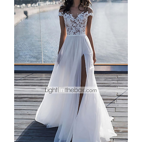 

A-Line Wedding Dresses V Neck Floor Length Chiffon Lace Sleeveless Beach with 2021