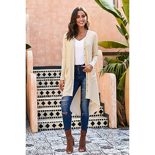 

Women's Solid Colored Cardigan Long Sleeve Sweater Cardigans V Neck Fall Winter Black Red Khaki