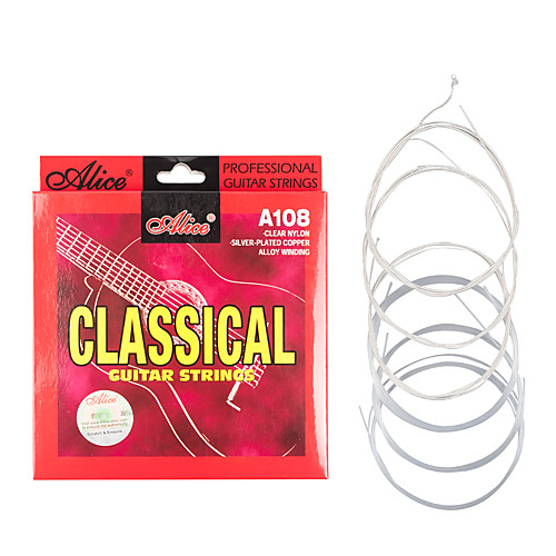 

Naomi 6 Strings Alice Classical Guitar Strings Set Clear Nylon Silver-Plated Copper Alloy Wound Normal Tension A108-N