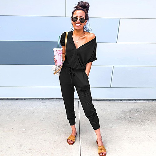 

Women's Basic Black Wine Green Jumpsuit Solid Colored Drawstring