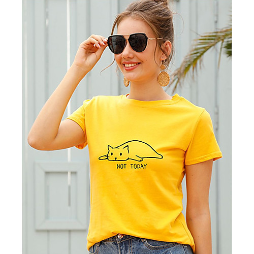 

Women's T shirt Cat Letter Print Round Neck Tops 100% Cotton Basic Basic Top Black Purple Army Green