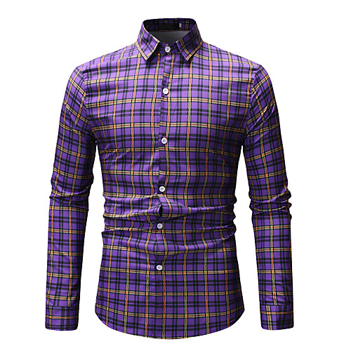 

Men's Shirt Plaid Long Sleeve Daily Tops Basic White Purple Green