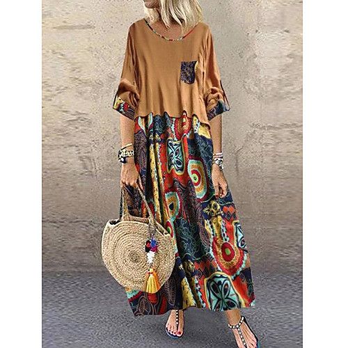 

Women's Shift Dress Maxi long Dress Khaki Navy Blue Half Sleeve Print Patchwork Print Summer Round Neck Hot Casual 2021 S M L XL XXL 3XL 4XL 5XL