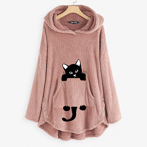 

Women's Pullover Hoodie Sweatshirt Teddy Coat Cat Animal Front Pocket Daily Basic Cute Hoodies Sweatshirts Black Blushing Pink Wine