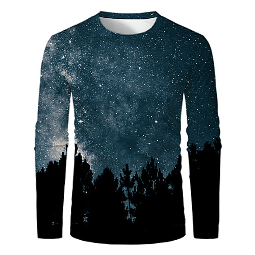 

Men's T shirt Galaxy Graphic Print Long Sleeve Daily Tops Basic Blue Purple Yellow