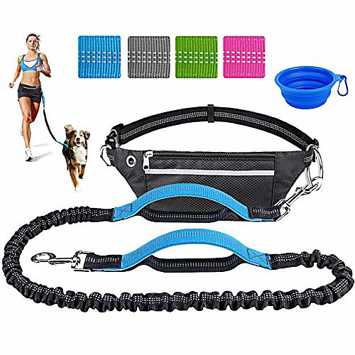 

hands free dog leash for running training walking, extendable bungee dog running waist leash for medium and large dogs, dual handles adjustable waist belt with a free dog bowl