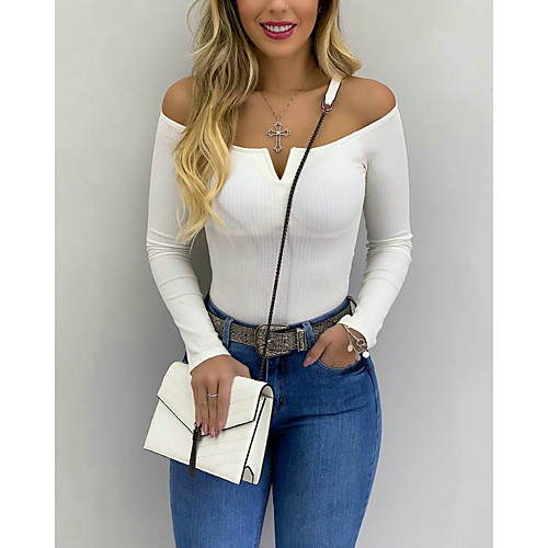 

Women's T-shirt Solid Colored Long Sleeve Off Shoulder Tops Basic Top Red Dark Gray Beige