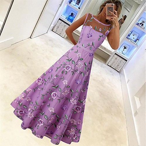 

A-Line Maxi Floral Wedding Guest Formal Evening Dress Illusion Neck Sleeveless Floor Length Tulle with Embroidery 2021