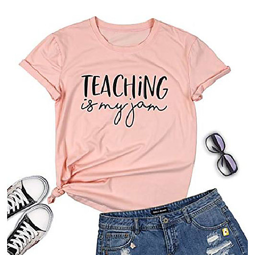 

teaching is my jam shirt women funny teacher t shirts letter print casual short sleeve tees tops pink