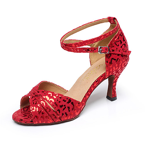 

Women's Latin Shoes Jazz Shoes Dance Boots Heel Leopard Slim High Heel White Red Buckle