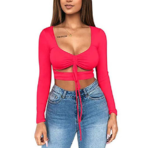 

women& #39;s sexy ruched tie up crop top basic long sleeve cut out t shirt,large,watermelon red