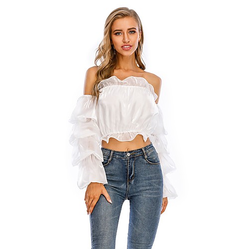 

Women's Blouse Shirt Solid Colored Long Sleeve Ruffle Patchwork Off Shoulder Tops Sexy Basic Top White