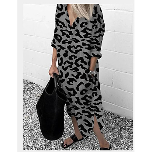 

Women's T Shirt Dress Tee Dress Midi Dress White Brown Gray Long Sleeve Leopard Split Print Summer V Neck Hot Casual 2021 S M L XL XXL 3XL 4XL 5XL