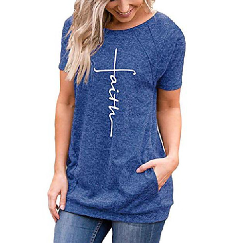

women& #39;s summer short sleeve tops causal loose letter print t shirt tunics with pocket round neck blue