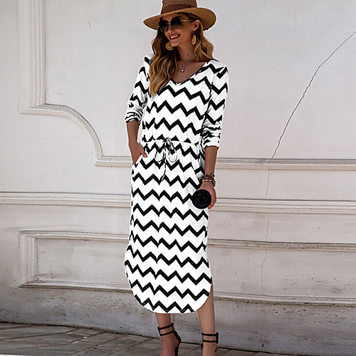 

Women's A Line Dress Midi Dress Black Blue Red Long Sleeve Striped Patchwork Print Summer V Neck Hot Casual 2021 S M L XL
